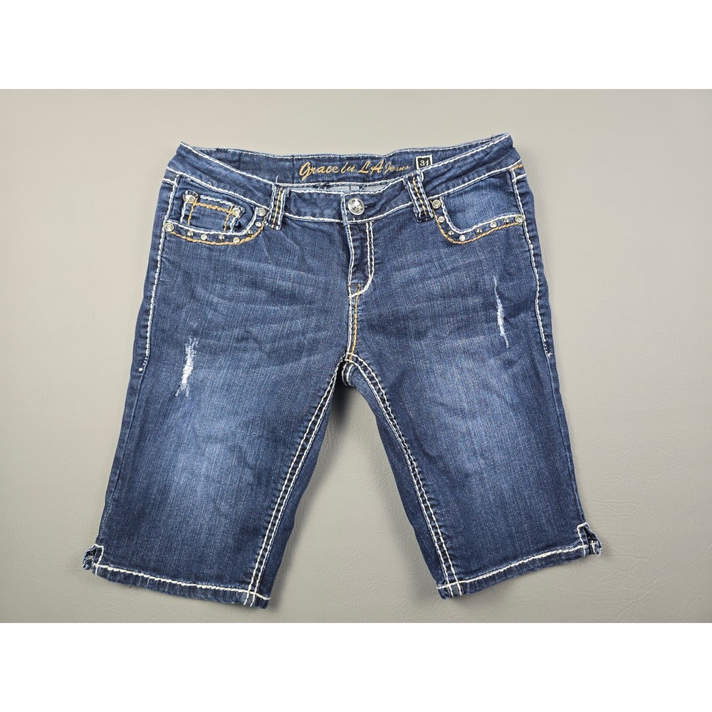 Grace in LA Women Blue Embellished Denim Bermuda Short Size 15/31 Rhinestone Y2K